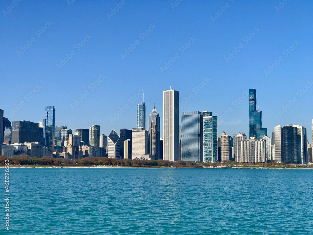 American City/Chicago,IL View from Northerly Island on Lake Michigan.