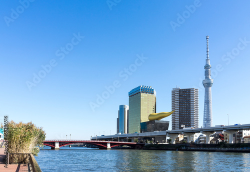 隅田川沿いの風景 タワーと高層ビルと鉄道橋
