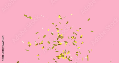 Digital image of gold confetti falling against a pink background