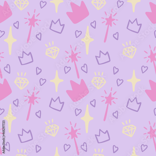 Hand-draw doodle pattern of pink crown, wand, diamond, heart and star in vector. Idea for gift wrapping, backgrounds, prints, illustrations and backgrounds.