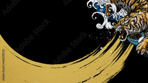 Oriental black background material using  taiger,waves,handwriting photo