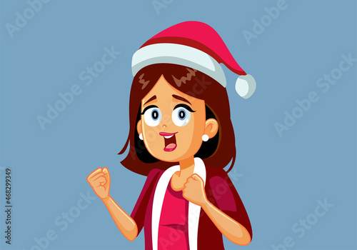 Happy Cheerful Christmas Woman Wearing Santa Hat Vector Cartoon