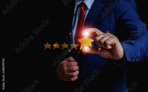 customer experience concept hand showing five star excellent score on background copy space