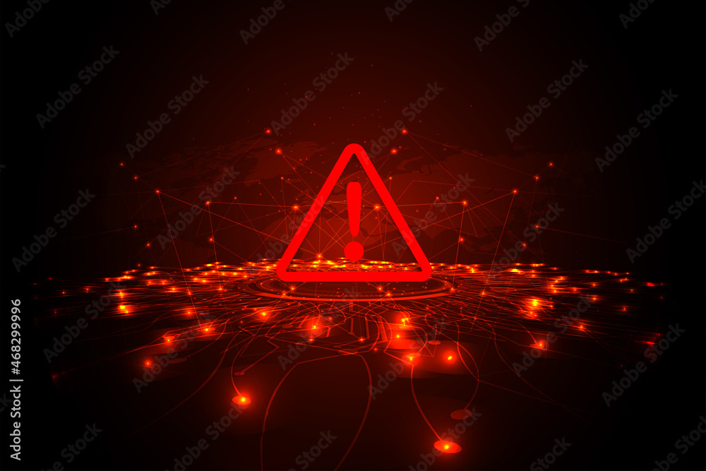  Hacking Concept. Attention warning attacker alert sign with exclamation mark on dark red background.Security protection Concept. vector illustration. - obrazy, fototapety, plakaty 