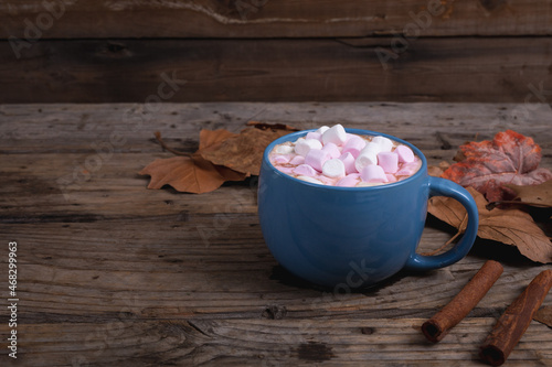 Marshmallow on hot chocolate in a mug, autumn leaves and cinnamon sticks on wooden surface