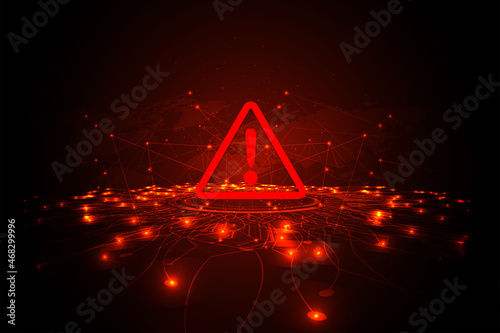  Hacking Concept. Attention warning attacker alert sign with exclamation mark on dark red background.Security protection Concept. vector illustration. photo