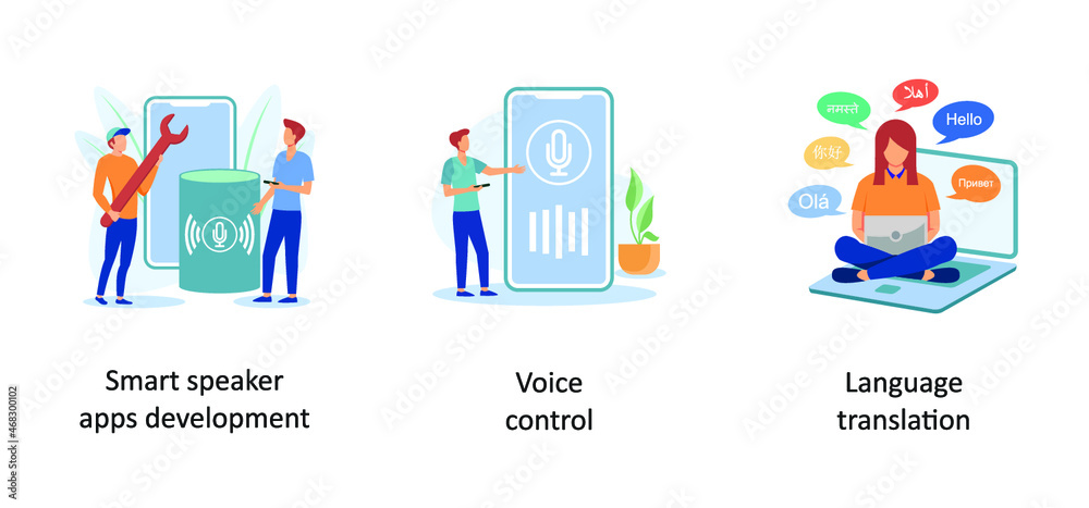Smart speaker apps development, voice control, language translation. Voice assistant abstract concept vector illustration set.