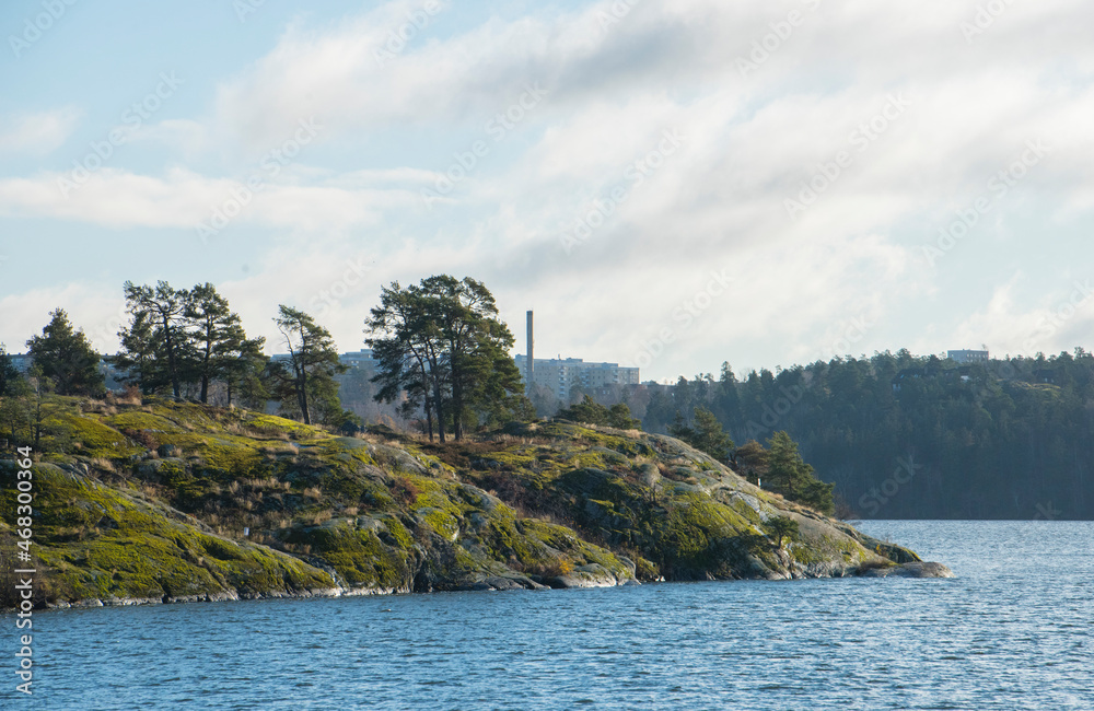 Ness rock with pine trees and mosses in the lake Mälaren with apartment house in the district Mälarhöjden a sunny and color full autumn day in Stockholm Ness rock with pine trees and mosses in the lake Mälaren with apartment house in the district Mälarhöjden a sunny and color full autumn day in Stockholm