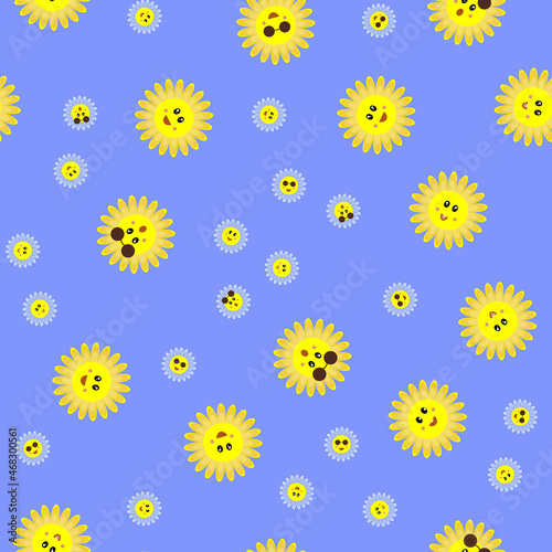 Smile flower face. Seamless pattern of funny daisies  positive emotions. Childish background with funny emoji. Floral round comics and happy faces. Modern design art for kids textiles  banner. Vector