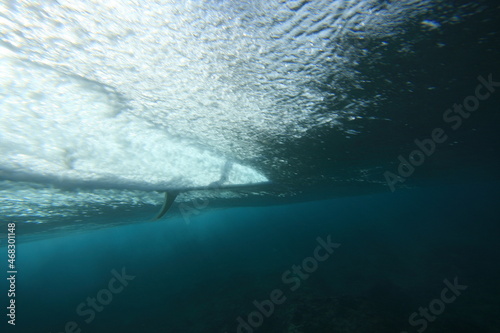 underwater view of a surfing riding a wave in clear water