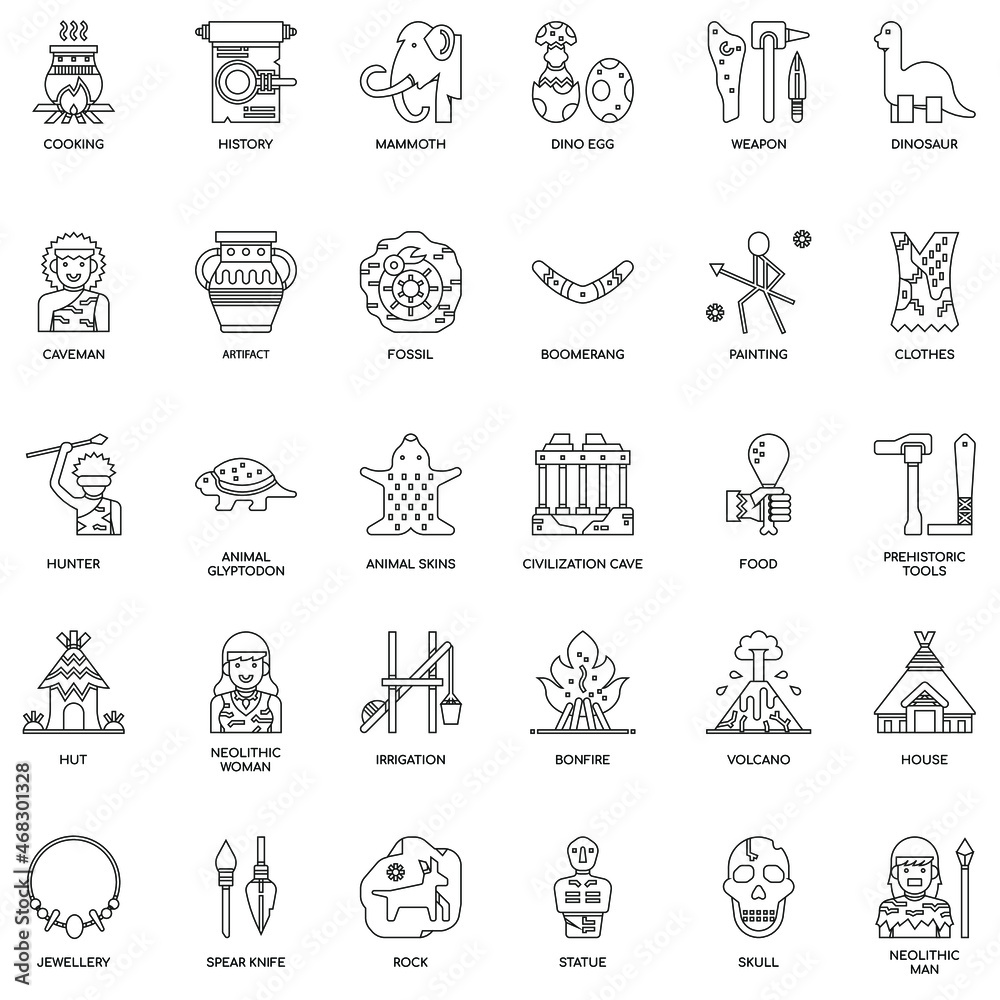Outline Prehistoric Elements flat vector icon collection set