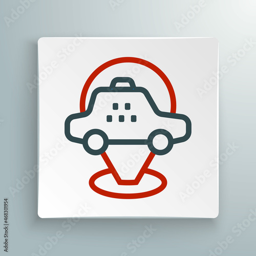 Line Map pointer with taxi car icon isolated on white background. Location symbol. Colorful outline concept. Vector