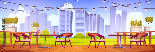 Cafe terrace with wooden tables, chairs, green lawn and city view. Vector cartoon illustration of empty patio of restaurant with drinks on table, plants and garland with light bulbs