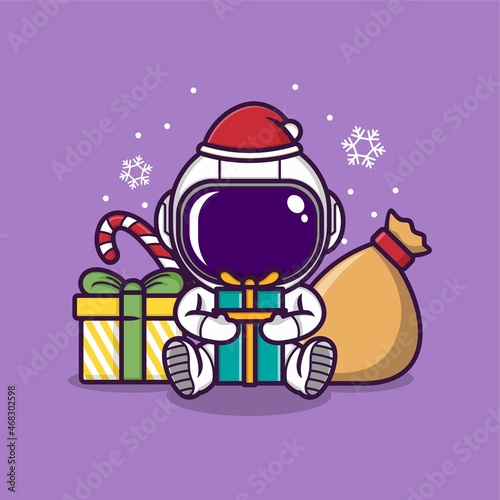 cute cartoon astronaut with christmas gifts and presents. vector illustration for mascot logo or sticker