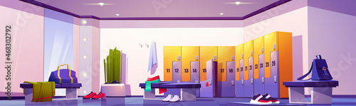 Locker room in gym, sport club or school stadium. Vector cartoon interior of changing room with individual cabinets, benches with clothes, shoes, bags and big mirror. Dressing place in fitness center