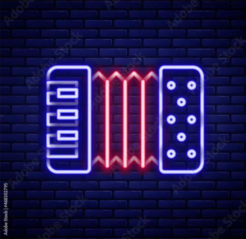 Glowing neon line Musical instrument accordion icon isolated on brick wall background. Classical bayan, harmonic. Colorful outline concept. Vector