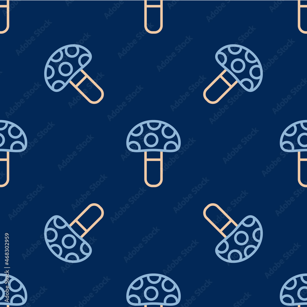 Line Psilocybin mushroom icon isolated seamless pattern on blue background. Psychedelic hallucination. Vector Line Psilocybin mushroom icon isolated seamless pattern on blue background. Psychedelic hallucination. Vector