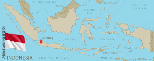 Highly detailed Indonesian map with flag and labelings. Editable gray administrative map of Indonesia with region borders  neighboring countries and national waving flag vector illustration