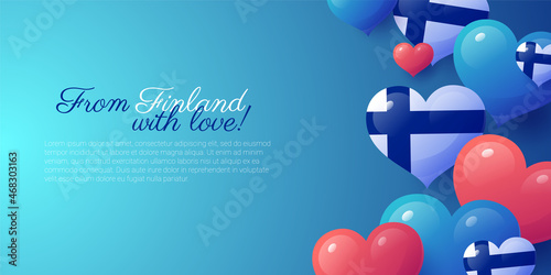 From Finland with love greeting card design template. Happy Independence Day festive background, banner, cover with heart shaped inflatable balloons realistic vector illustration photo