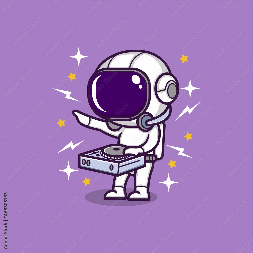 Fototapeta premium cute cartoon astronaut becomes dj. vector illustration for mascot logo or sticker