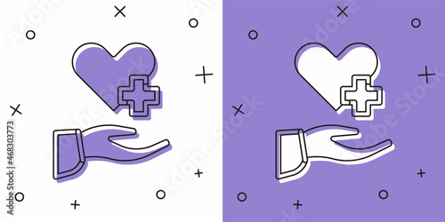 Set Heart with a cross icon isolated on white and purple background. First aid. Healthcare, medical and pharmacy sign. Vector