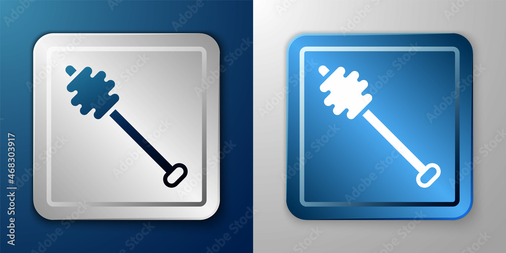 White Honey dipper stick icon isolated on blue and grey background. Honey ladle. Silver and blue square button. Vector White Honey dipper stick icon isolated on blue and grey background. Honey ladle. Silver and blue square button. Vector