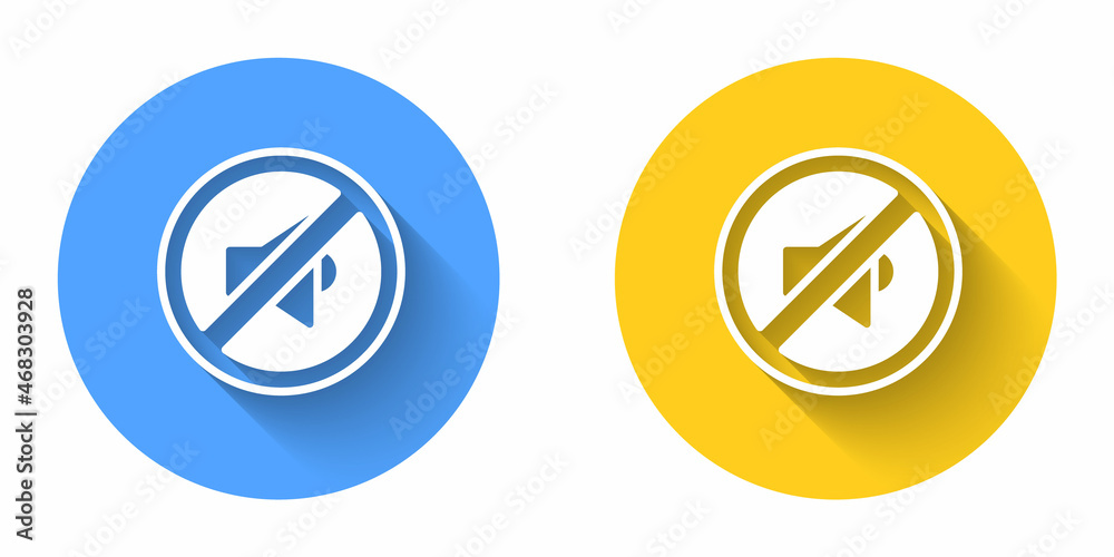 White Speaker mute icon isolated with long shadow background. No sound icon. Volume Off symbol. Circle button. Vector White Speaker mute icon isolated with long shadow background. No sound icon. Volume Off symbol. Circle button. Vector
