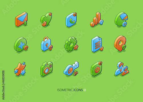 Set of social media isometric icons, smm and business 3d symbols map pin, envelope, chart and like heart, padlock and stars. Document, cogwheel, media file and photo camera, key or wifi, Vector signs