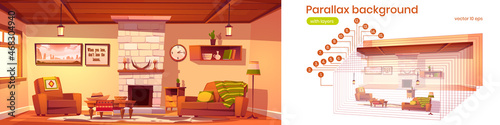 Parallax background wild west living room 2d interior with western rustic style furniture, fireplace, couch, armchair, table, cow skin on floor separated layers for game animation, Vector illustration