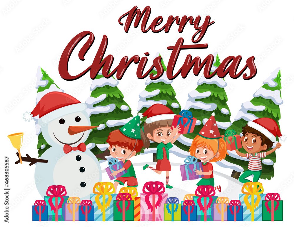 Merry Christmas logo banner with happy children