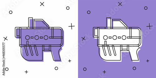 Set Futuristic space gun blaster icon isolated on white and purple background. Laser Handgun. Alien Weapon. Vector