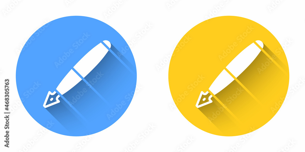 White Fountain pen nib icon isolated with long shadow background. Pen tool sign. Circle button. Vector White Fountain pen nib icon isolated with long shadow background. Pen tool sign. Circle button. Vector