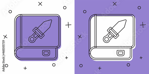 Set Book about weapon icon isolated on white and purple background. Small firearm. Weapon catalog. Vector