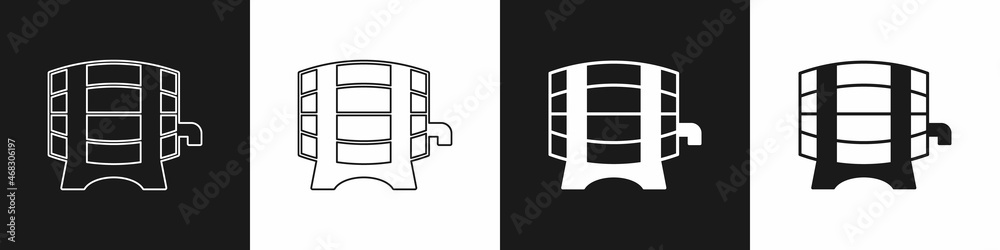 Set Wooden barrel on rack with stopcock icon isolated on black and white background. Vector Set Wooden barrel on rack with stopcock icon isolated on black and white background. Vector