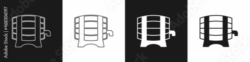 Set Wooden barrel on rack with stopcock icon isolated on black and white background. Vector