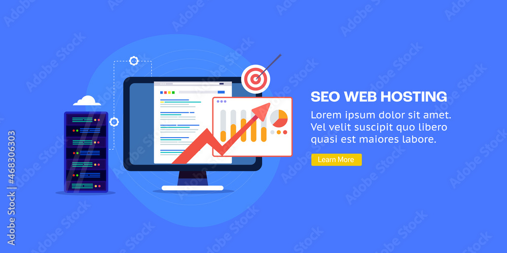 SEO web hosting service, seo ranking development, search technology internet communication concept, flat design web banner template with text.
