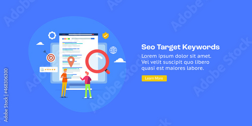 SEO keyword targeting, digital marketing team analysing keyword competition level, developing seo strategy for higher ranking on search engine. Flat design web banner with character and text.