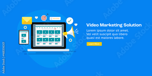 Digital marketing company with video marketing solution, educating audience, increasing engagement,  digital branding with video streaming strategy, flat design web banner template.