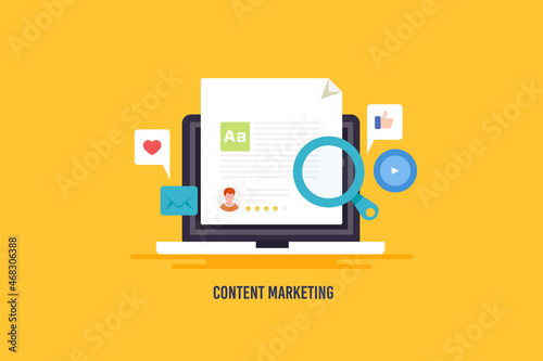 Marketing content, creative content production and publishing on web, strategy for content marketing concept with yellow background. Flat design web banner.