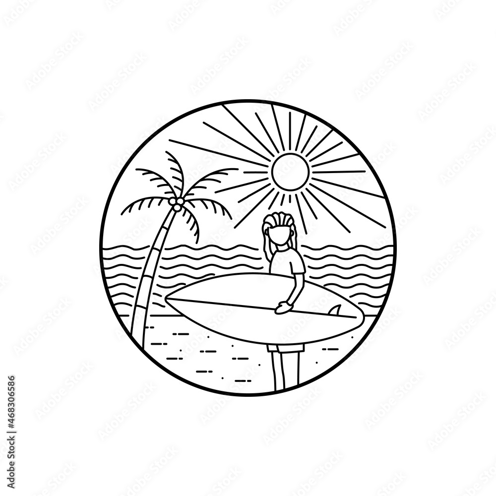 A surfer on a beach in summer in mono line art ,badge patch pin graphic illustration, vector art t-shirt design A surfer on a beach in summer in mono line art ,badge patch pin graphic illustration, vector art t-shirt design