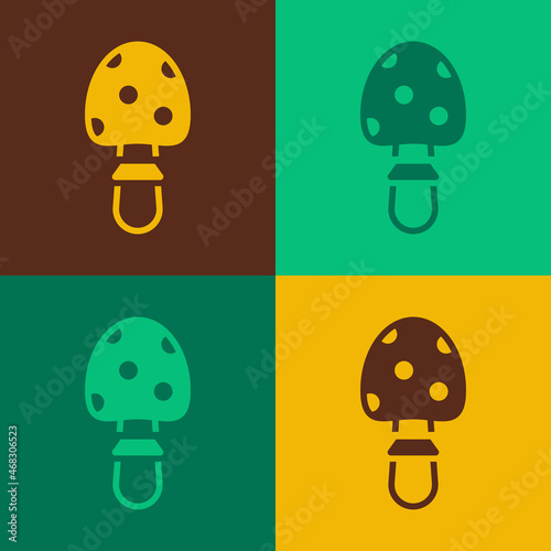 Pop art Amanita muscaria or fly agaric hallucinogenic toadstool mushroom icon isolated on color background. Spotted poisonous mushroom. Vector