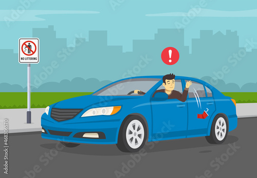 Fototapeta Naklejka Na Ścianę i Meble -  Littering is prohibited. Young male driver throws out a used plastic cup on the ground from the front open window. No littering road or traffic sign. Flat vector illustration template.