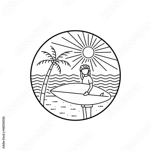 A surfer on a beach in summer in mono line art ,badge patch pin graphic illustration, vector art t-shirt design
