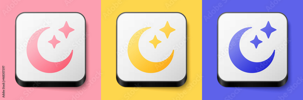 Isometric Moon and stars icon isolated on pink, yellow and blue background. Cloudy night sign. Sleep dreams symbol. Full moon. Night or bed time sign. Square button. Vector Isometric Moon and stars icon isolated on pink, yellow and blue background. Cloudy night sign. Sleep dreams symbol. Full moon. Night or bed time sign. Square button. Vector