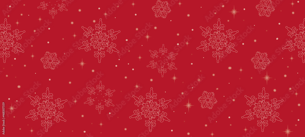 Pattern of white snowflakes on red Christmas background. Banner concept, illustrations for wrapping paper for gifts Pattern of white snowflakes on red Christmas background. Banner concept, illustrations for wrapping paper for gifts