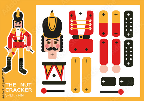 Nutcracker Split-Pin Paper Cut Game. Christmas craft activity for kids. Enjoy fine motor skills. New Year making puppet shows and poses. DIY Soldier. Worksheets for kids.
