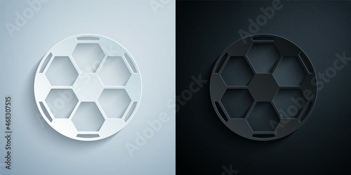 Paper cut Soccer football ball icon isolated on grey and black background. Sport equipment. Paper art style. Vector