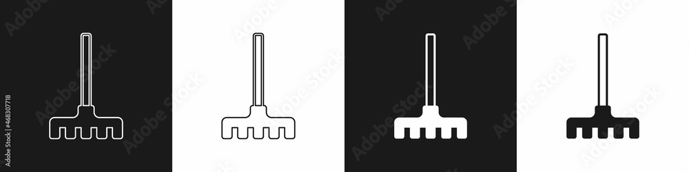 Set Garden rake icon isolated on black and white background. Tool for horticulture, agriculture, farming. Ground cultivator. Housekeeping equipment. Vector Set Garden rake icon isolated on black and white background. Tool for horticulture, agriculture, farming. Ground cultivator. Housekeeping equipment. Vector