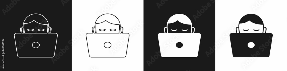 Set Student working at laptop icon isolated on black and white background. Workplace concept. Vector Set Student working at laptop icon isolated on black and white background. Workplace concept. Vector