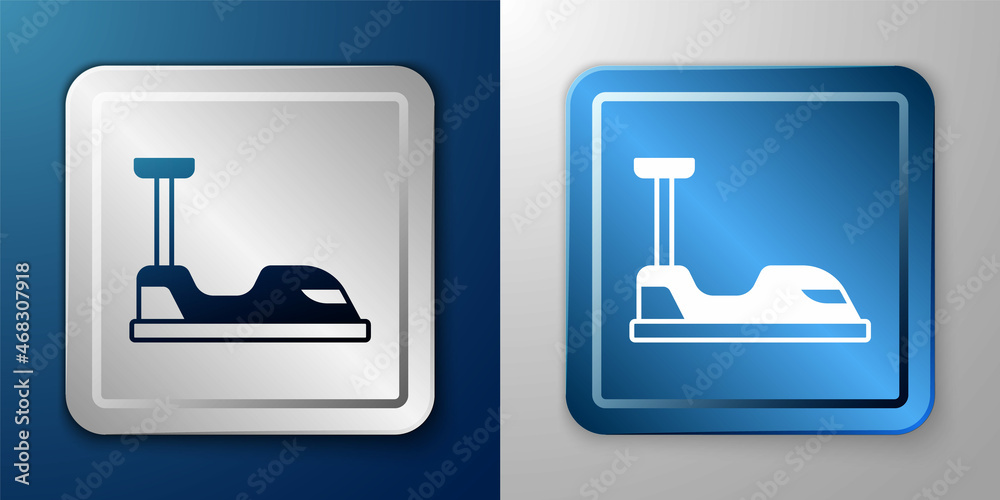 White Bumper car icon isolated on blue and grey background. Amusement park. Childrens entertainment playground, recreation park. Silver and blue square button. Vector White Bumper car icon isolated on blue and grey background. Amusement park. Childrens entertainment playground, recreation park. Silver and blue square button. Vector